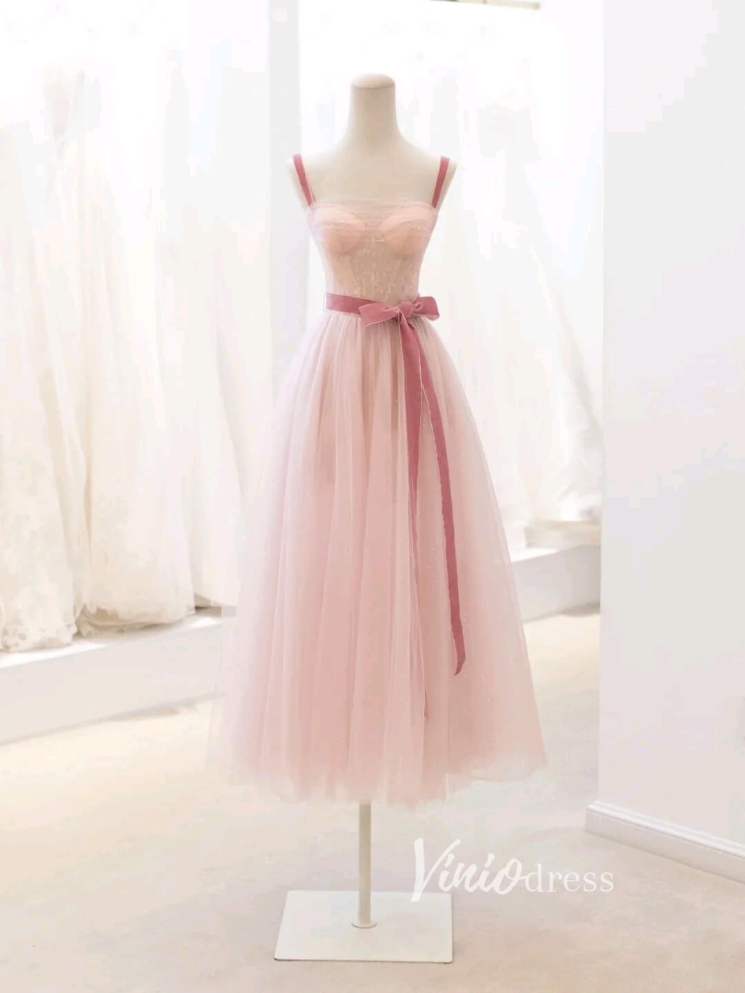 Blush Pink Tulle Prom Dresses Mid-Length Spaghetti Strap Evening Dress FD3430-prom dresses 2025 -Viniodress-Blush Pink-Custom Size-