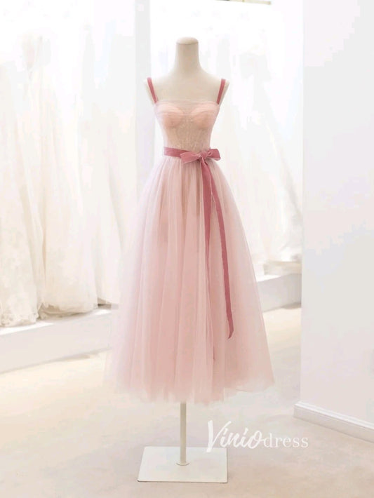 Blush Pink Tulle Prom Dresses Mid-Length Spaghetti Strap Evening Dress FD3430-prom dresses 2025 -Viniodress-Blush Pink-Custom Size-