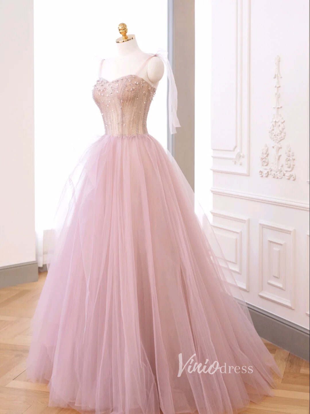 Blush Pink Tulle Prom Dresses Spaghetti Strap Evening Dress FD3220-prom dresses 2025 -Viniodress-Blush Pink-Custom Size-