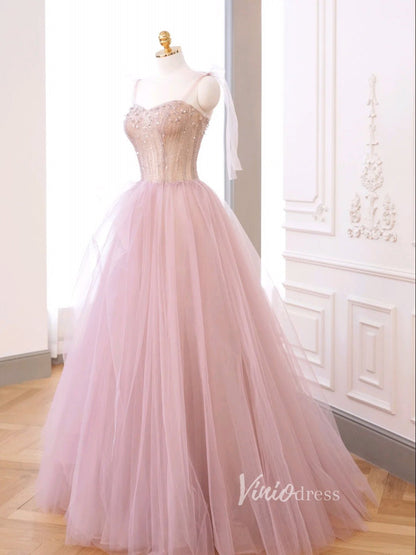Blush Pink Tulle Prom Dresses Spaghetti Strap Evening Dress FD3220-prom dresses 2025 -Viniodress-Blush Pink-Custom Size-