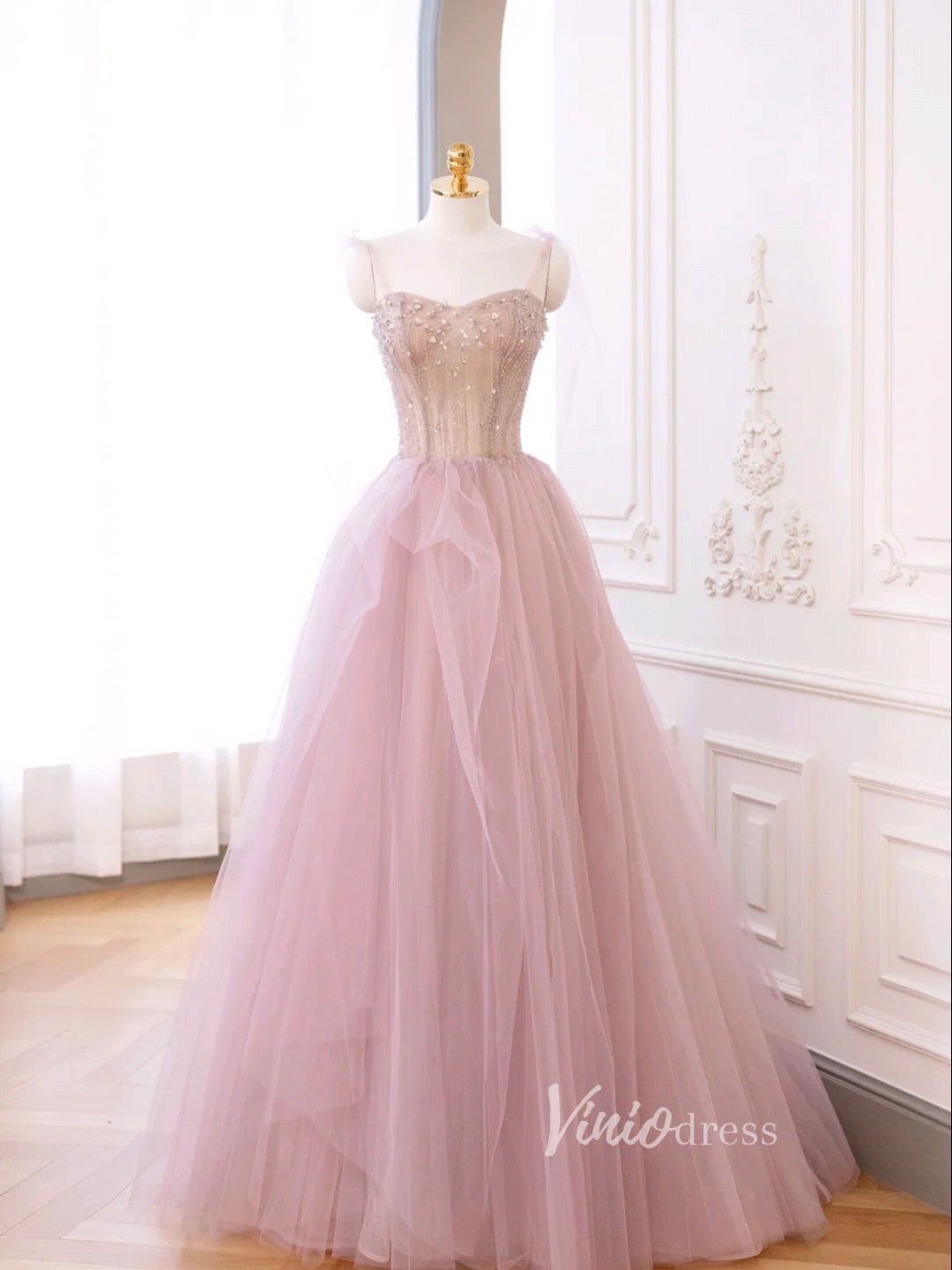 Blush Pink Tulle Prom Dresses Spaghetti Strap Evening Dress FD3220-prom dresses 2025 -Viniodress-Blush Pink-Custom Size-
