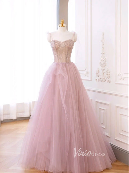 Blush Pink Tulle Prom Dresses Spaghetti Strap Evening Dress FD3220-prom dresses 2025 -Viniodress-Blush Pink-Custom Size-