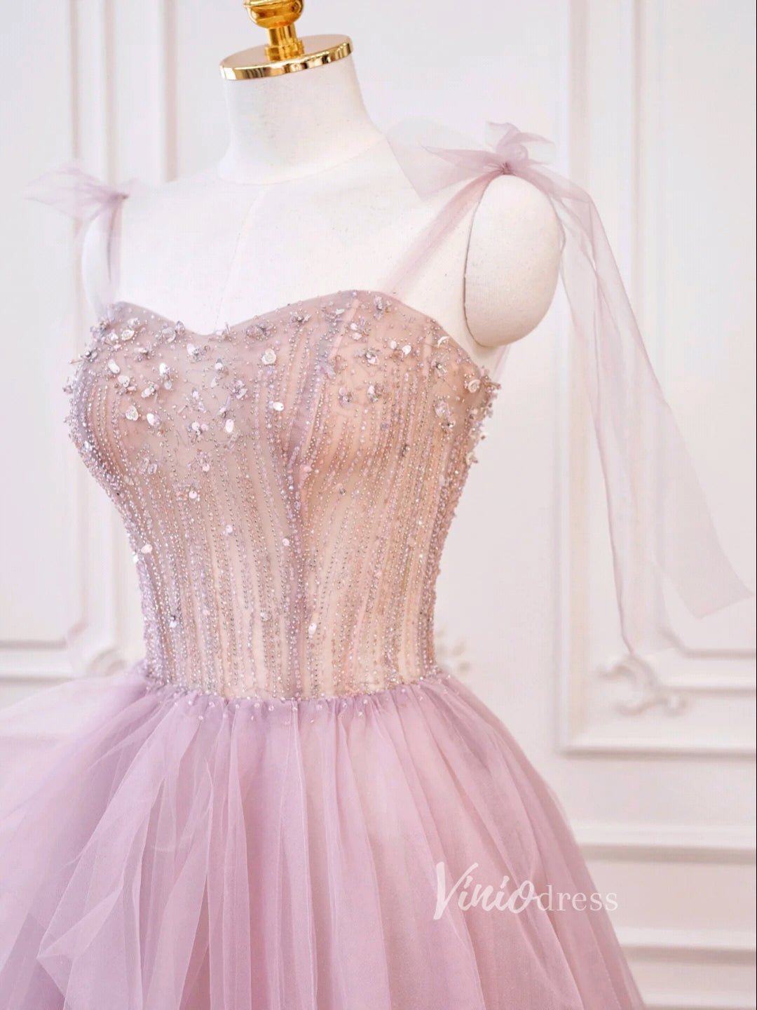 Blush Pink Tulle Prom Dresses Spaghetti Strap Evening Dress FD3220-prom dresses 2025 -Viniodress-Blush Pink-Custom Size-