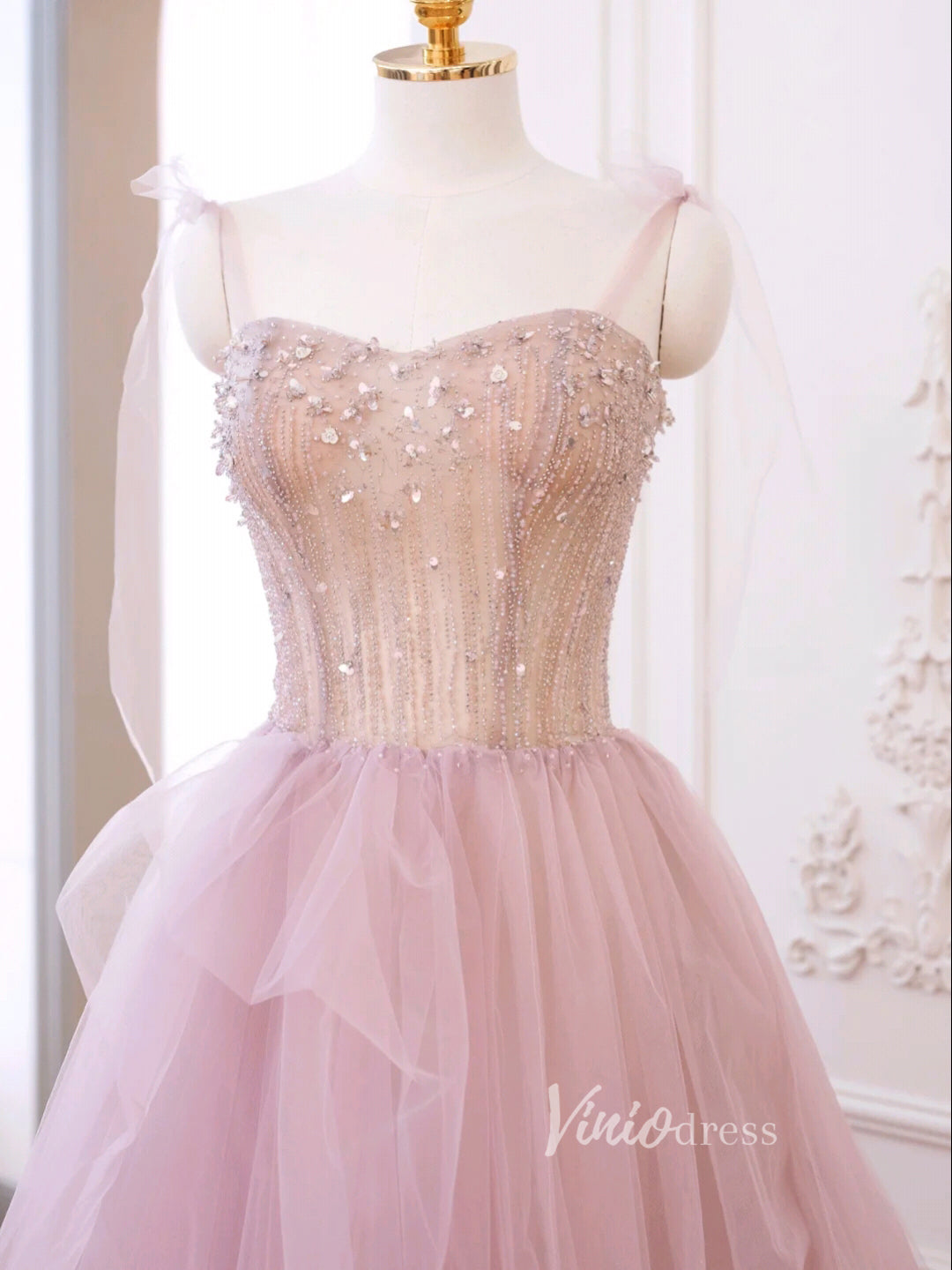 Prom Dress 2025 Blush Pink Tulle Prom Dresses Spaghetti Strap Evening Dress FD3220-unique prom dresses-Blush Pink-Custom Size-Viniodress