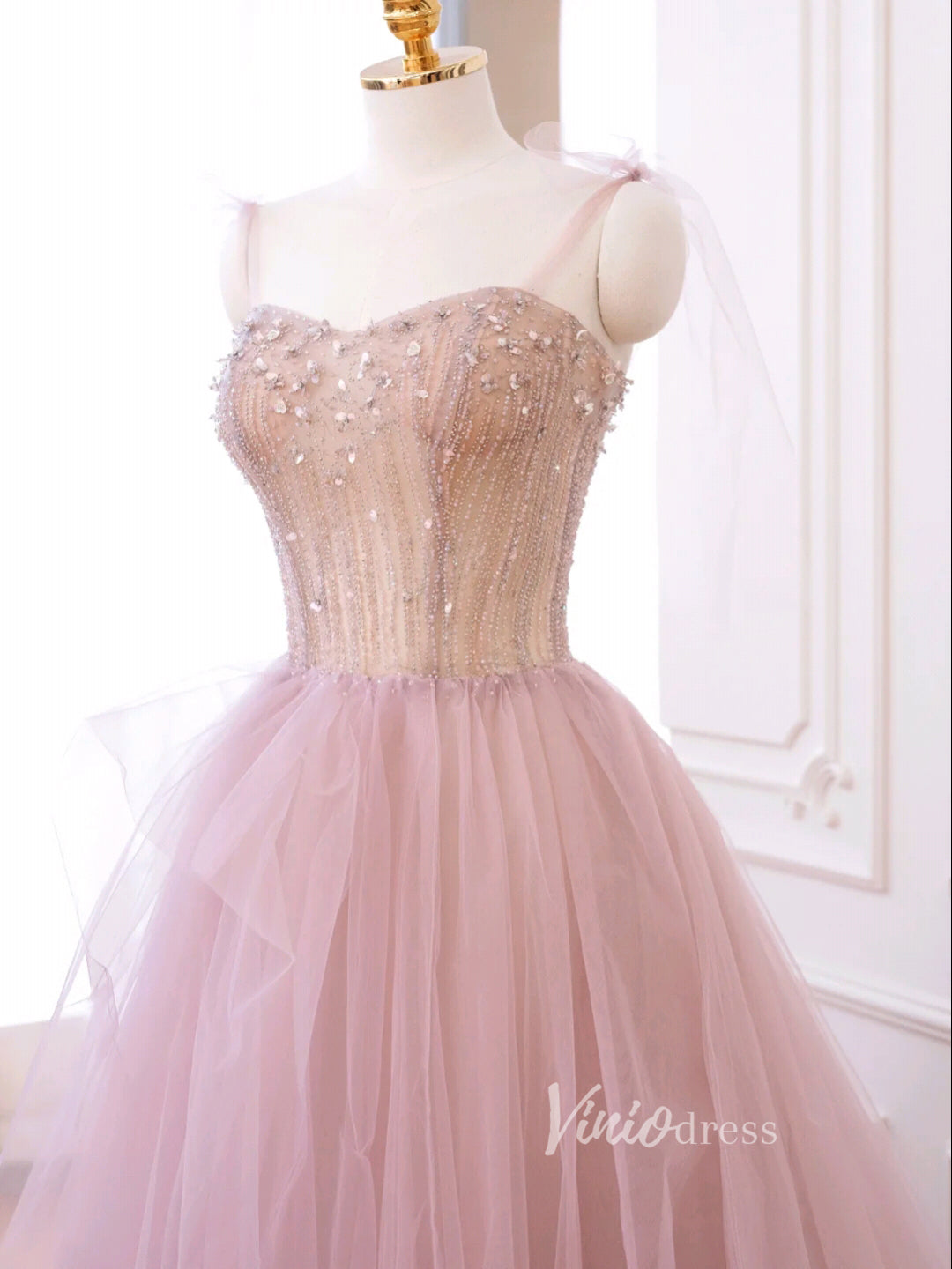 Prom Dress 2025 Blush Pink Tulle Prom Dresses Spaghetti Strap Evening Dress FD3220-unique prom dresses-Blush Pink-Custom Size-Viniodress