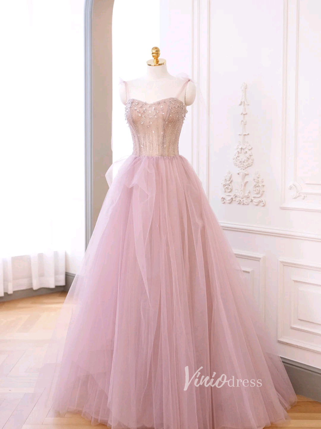 Prom Dress 2025 Blush Pink Tulle Prom Dresses Spaghetti Strap Evening Dress FD3220-unique prom dresses-Blush Pink-Custom Size-Viniodress