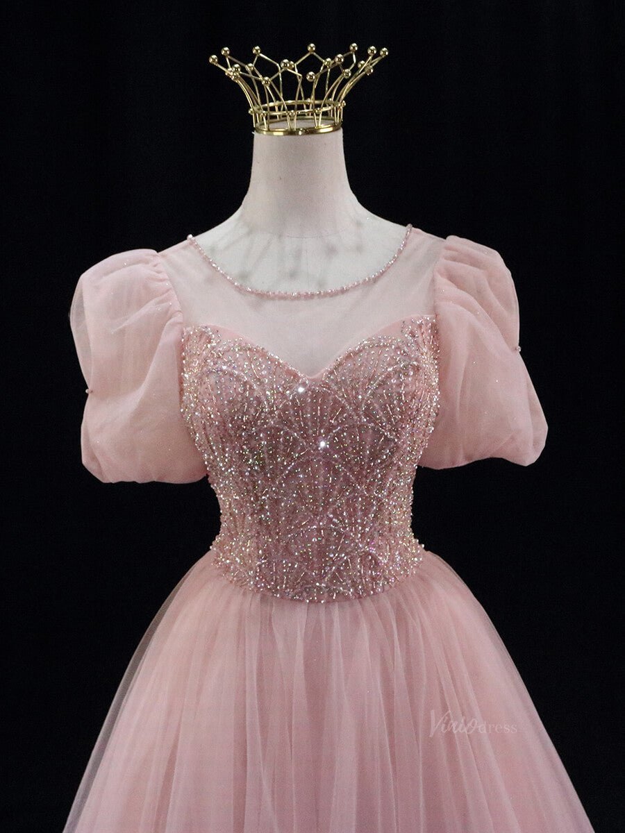 Blush Pink Tulle Prom Dresses with Puffed Sleeve, Beaded Lace, Boat Neck, Quinceanera Dresses SU035-prom dresses 2025 -Viniodress-Blush Pink-Custom Size-