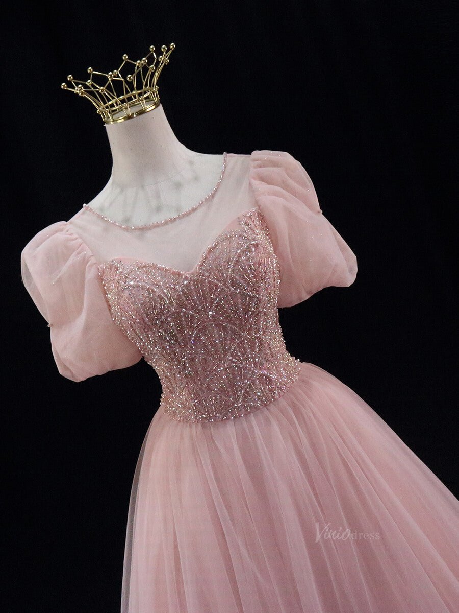 Blush Pink Tulle Prom Dresses with Puffed Sleeve, Beaded Lace, Boat Neck, Quinceanera Dresses SU035-prom dresses 2025 -Viniodress-Blush Pink-Custom Size-