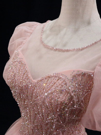 Blush Pink Tulle Prom Dresses with Puffed Sleeve, Beaded Lace, Boat Neck, Quinceanera Dresses SU035-prom dresses 2025 -Viniodress-Blush Pink-Custom Size-