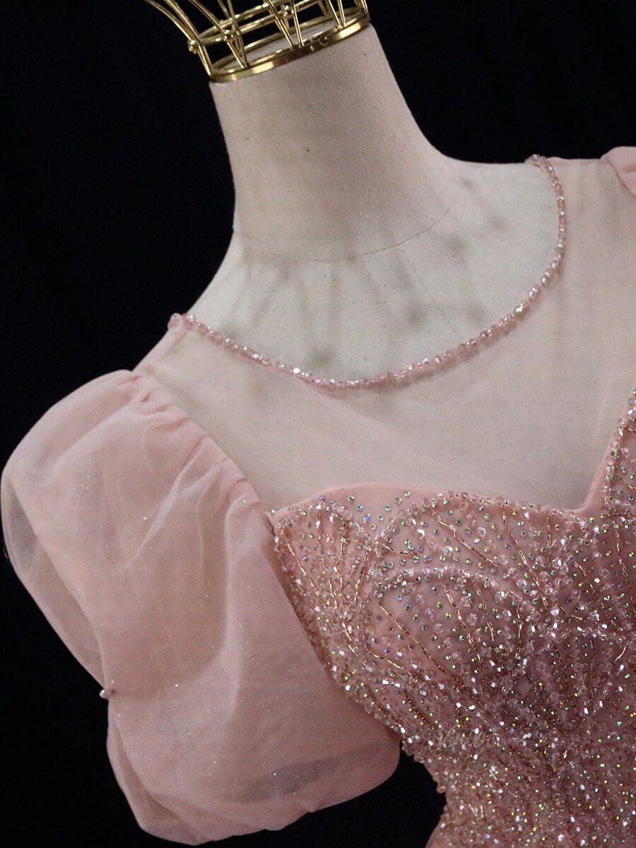 Blush Pink Tulle Prom Dresses with Puffed Sleeve, Beaded Lace, Boat Neck, Quinceanera Dresses SU035-prom dresses 2025 -Viniodress-Blush Pink-Custom Size-