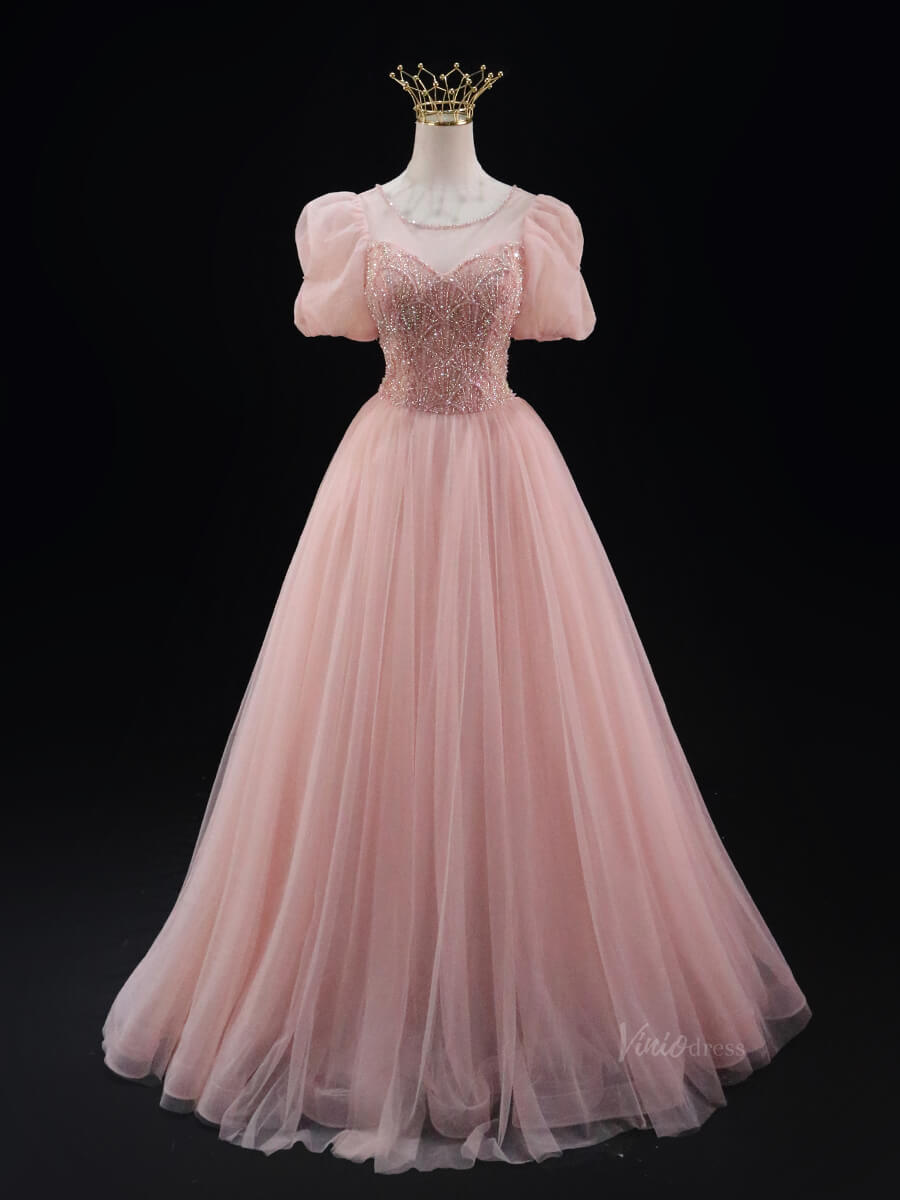 Blush Pink Tulle Prom Dresses with Puffed Sleeve, Beaded Lace, Boat Neck, Quinceanera Dresses SU035-prom dresses 2025 -Viniodress-Blush Pink-Custom Size-