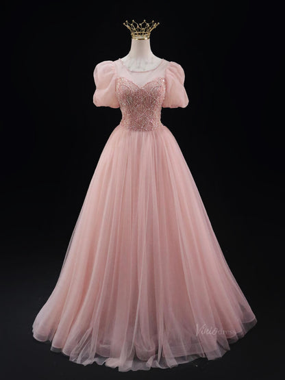 Blush Pink Tulle Prom Dresses with Puffed Sleeve, Beaded Lace, Boat Neck, Quinceanera Dresses SU035-prom dresses 2025 -Viniodress-Blush Pink-Custom Size-