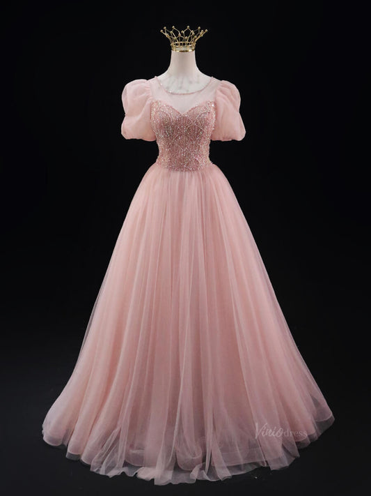 Blush Pink Tulle Prom Dresses with Puffed Sleeve, Beaded Lace, Boat Neck, Quinceanera Dresses SU035-prom dresses 2025 -Viniodress-Blush Pink-Custom Size-