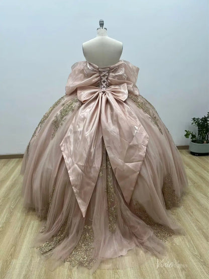 Blush Quinceañera Ball Gown Dress with Dramatic Sleeves, Gold Glitter Lace & Bow Back – QC017-Quinceanera Dresses 2026-Viniodress-Blush-Custom Size – Add Measurements in Cart-
