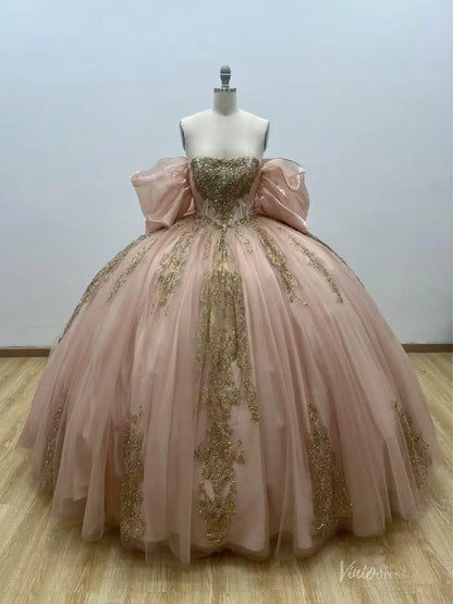 Blush Quinceañera Ball Gown Dress with Dramatic Sleeves, Gold Glitter Lace & Bow Back – QC017-Quinceanera Dresses 2026-Viniodress-Blush-Custom Size – Add Measurements in Cart-