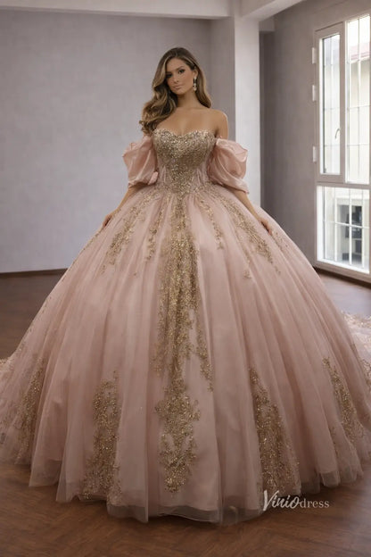 Blush Quinceañera Ball Gown Dress with Dramatic Sleeves, Gold Glitter Lace & Bow Back – QC017-Quinceanera Dresses 2026-Viniodress-Blush-Custom Size – Add Measurements in Cart-