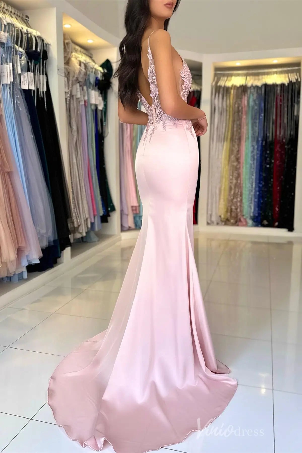 Blush Satin Mermaid Prom Dress with Floral Lace Appliqué Bodice, Illusion Plunge, and High Slit – SS013-prom dresses 2025 -Viniodress-Blush-Custom Size-