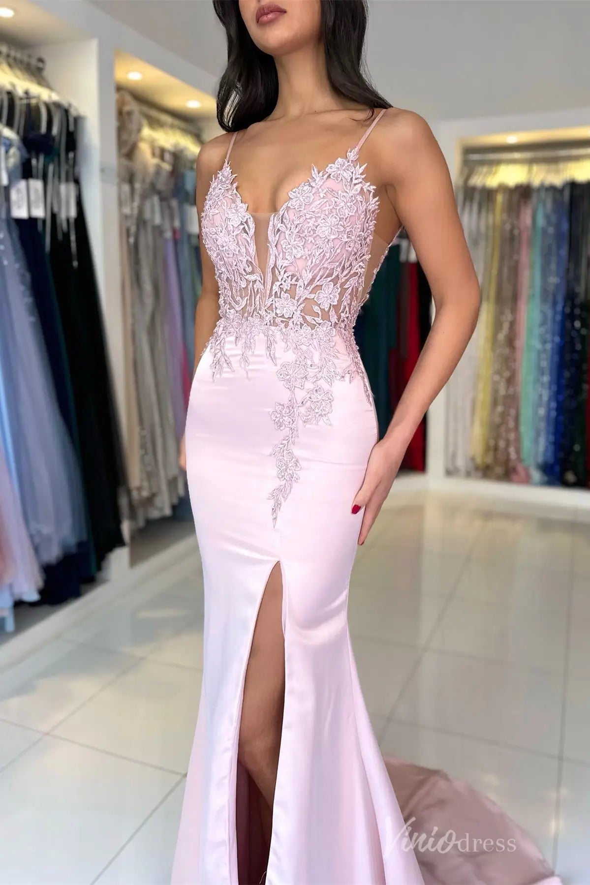 Blush Satin Mermaid Prom Dress with Floral Lace Appliqué Bodice, Illusion Plunge, and High Slit – SS013-prom dresses 2025 -Viniodress-Blush-Custom Size-