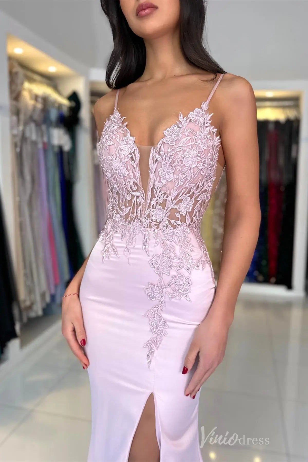 Blush Satin Mermaid Prom Dress with Floral Lace Appliqué Bodice, Illusion Plunge, and High Slit – SS013-prom dresses 2025 -Viniodress-Blush-Custom Size-