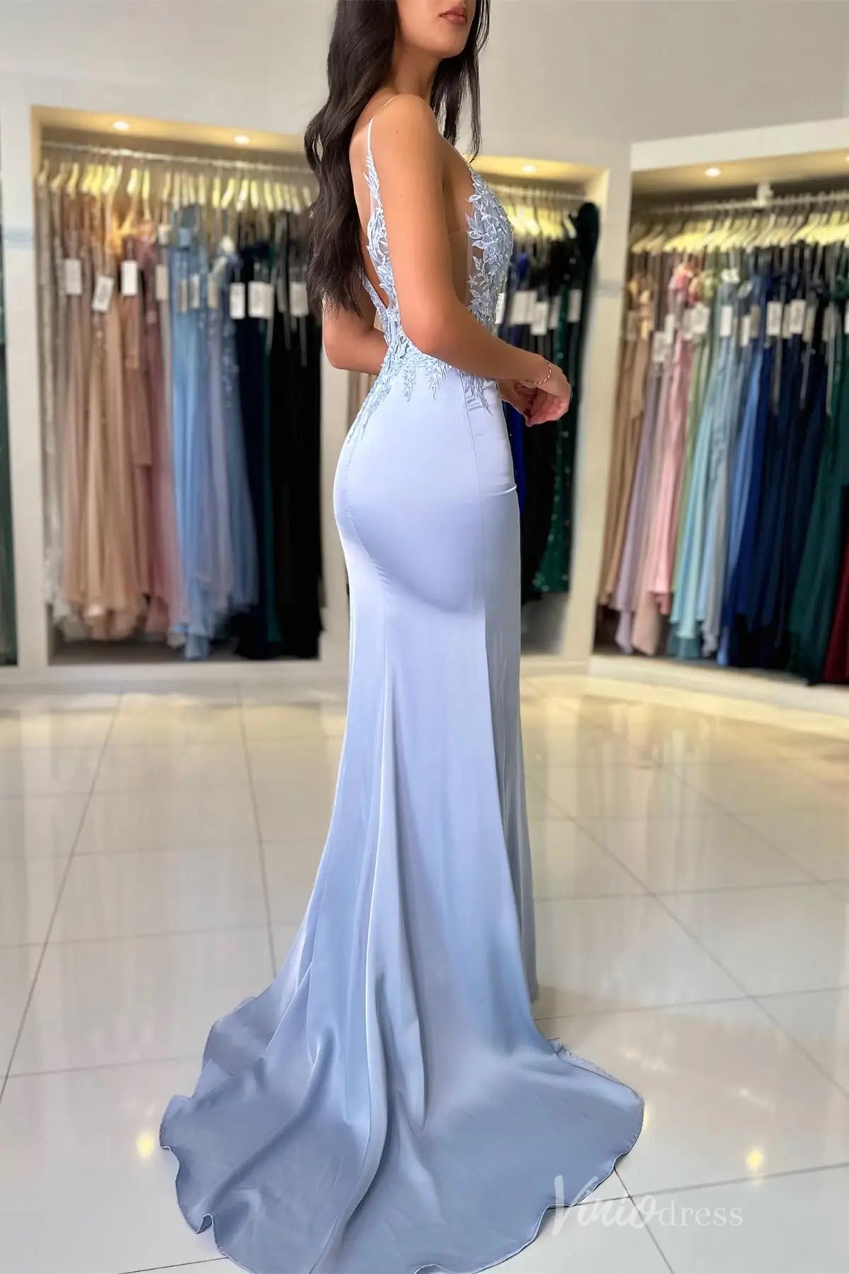 Blush Satin Mermaid Prom Dress with Floral Lace Appliqué Bodice, Illusion Plunge, and High Slit – SS013-prom dresses 2025 -Viniodress-Blush-Custom Size-