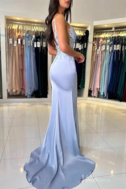 Blush Satin Mermaid Prom Dress with Floral Lace Appliqué Bodice, Illusion Plunge, and High Slit – SS013-prom dresses 2025 -Viniodress-Blush-Custom Size-
