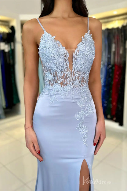 Blush Satin Mermaid Prom Dress with Floral Lace Appliqué Bodice, Illusion Plunge, and High Slit – SS013-prom dresses 2025 -Viniodress-Blush-Custom Size-