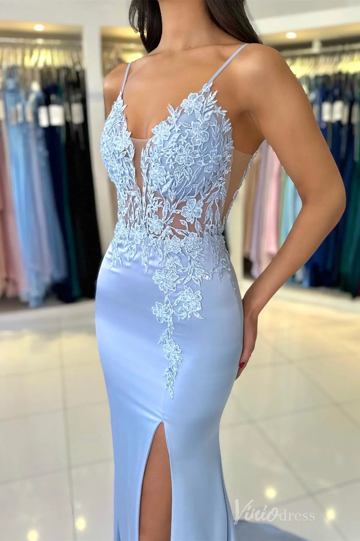 Blush Satin Mermaid Prom Dress with Floral Lace Appliqué Bodice, Illusion Plunge, and High Slit – SS013-prom dresses 2025 -Viniodress-Blush-Custom Size-