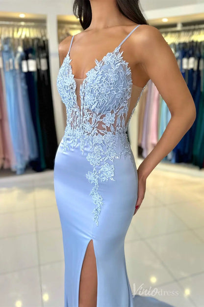 Blush Satin Mermaid Prom Dress with Floral Lace Appliqué Bodice, Illusion Plunge, and High Slit – SS013-prom dresses 2025 -Viniodress-Blush-Custom Size-