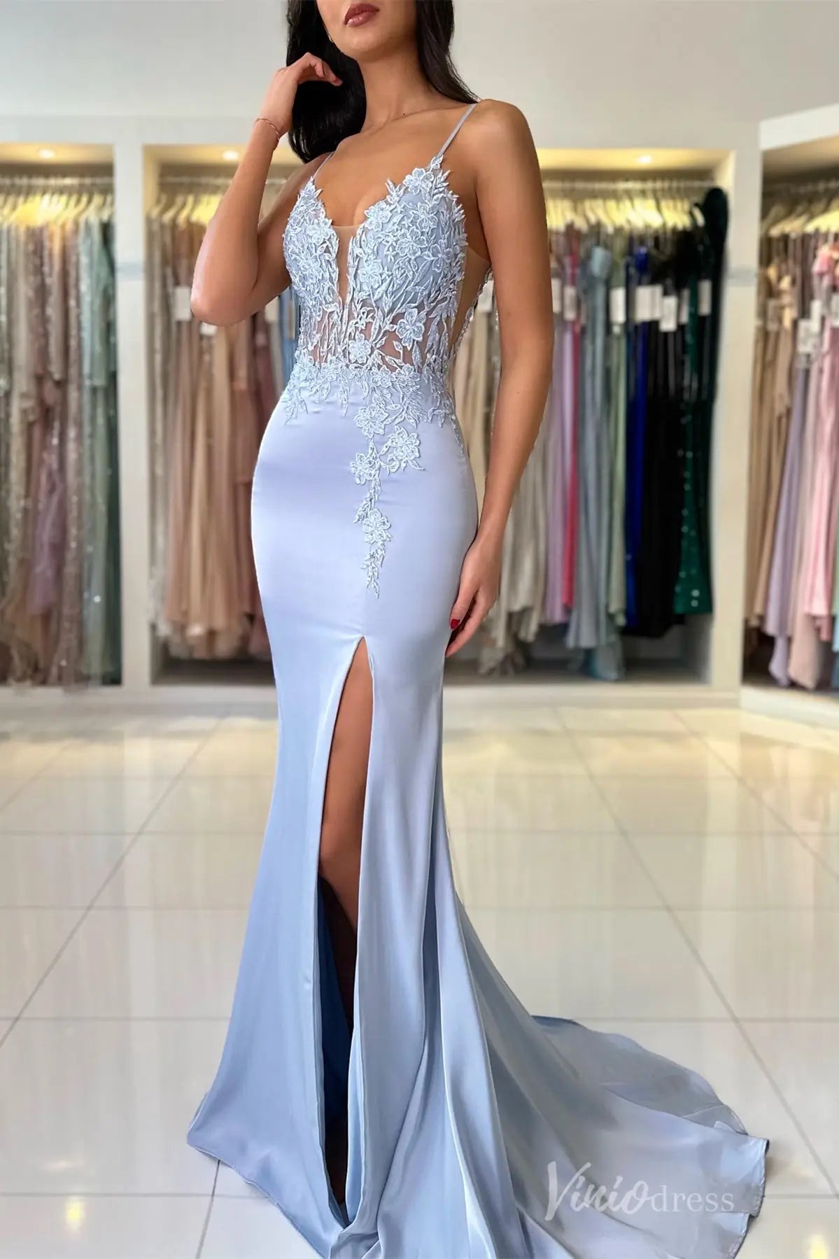 Blush Satin Mermaid Prom Dress with Floral Lace Appliqué Bodice, Illusion Plunge, and High Slit – SS013-prom dresses 2025 -Viniodress-Light Blue-Custom Size-