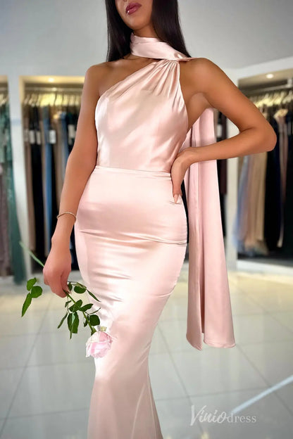 Blush Satin Mermaid Prom Dress with Halter Neck, Open Back – SS025-prom dresses 2025 -Viniodress-Blush-Custom Size-