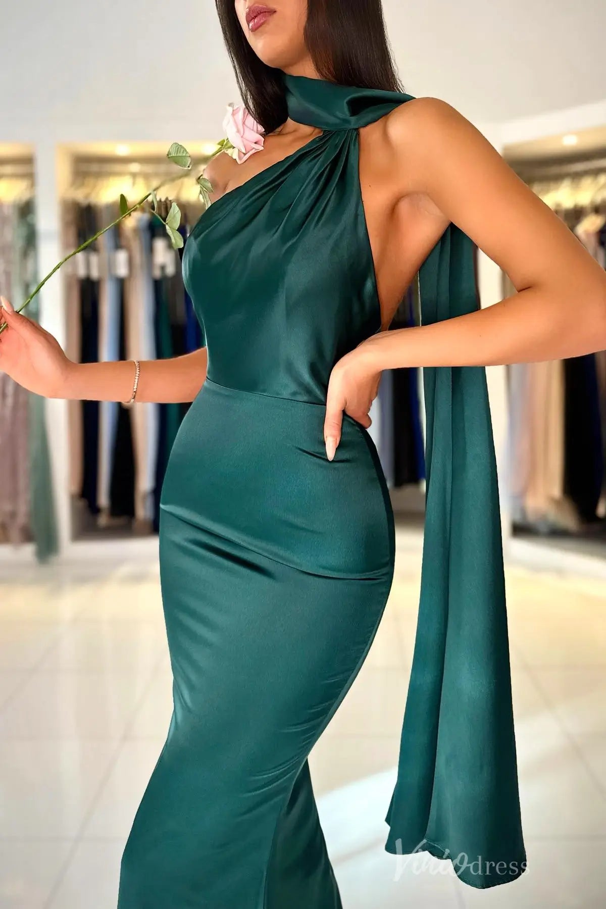 Blush Satin Mermaid Prom Dress with Halter Neck, Open Back – SS025-prom dresses 2025 -Viniodress-Blush-Custom Size-