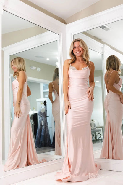 Blush Satin Mermaid Prom Dress with Spaghetti Straps, Beaded Bust & Open Back – SS143-prom dresses 2026-Viniodress-Blush-Custom Size-