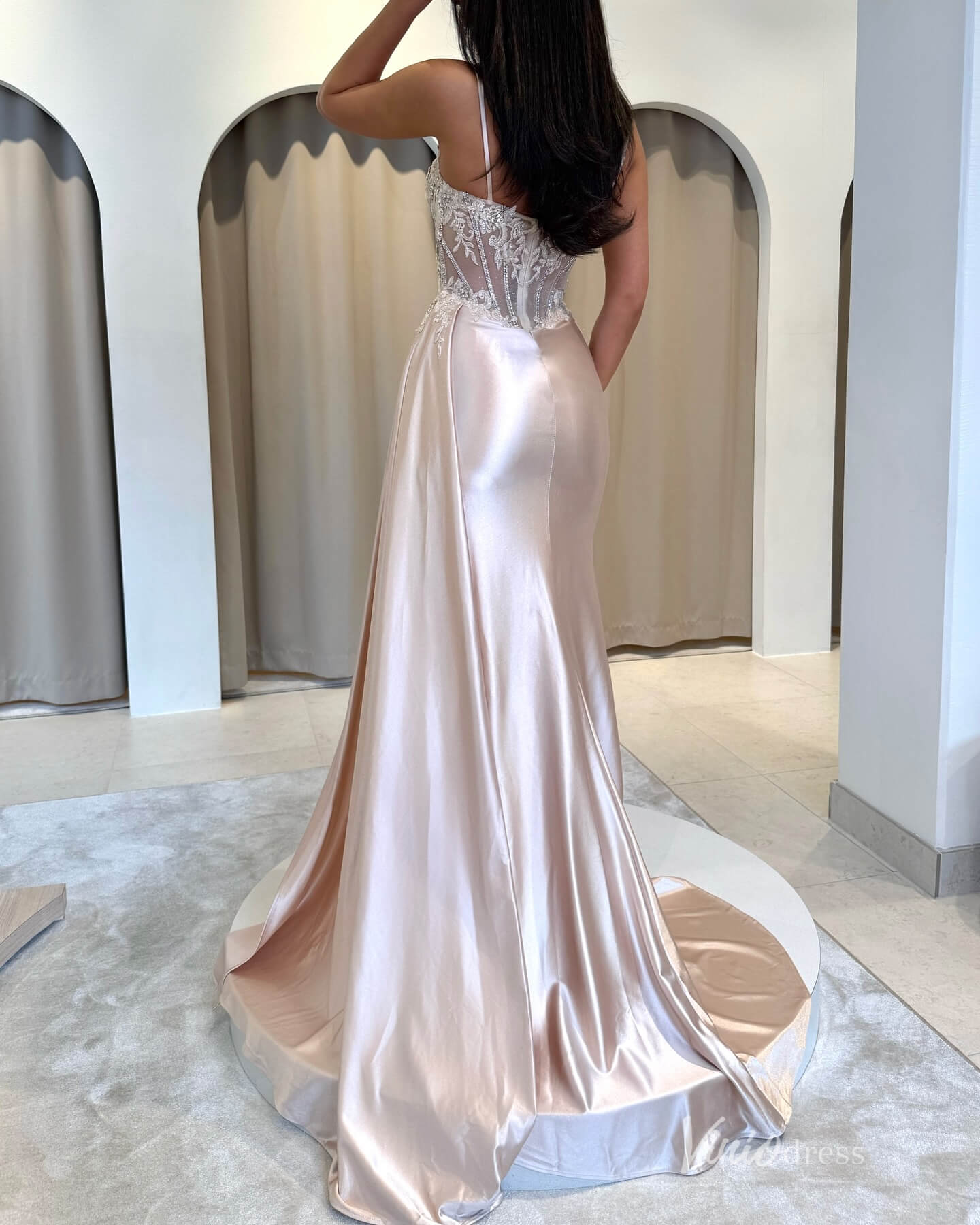 Blush Satin Prom Dress with Beaded Corset Bodice, Overskirt, and High Slit – FD5192-Evening Dresses 2025 -Viniodress-Blush-Custom Size-