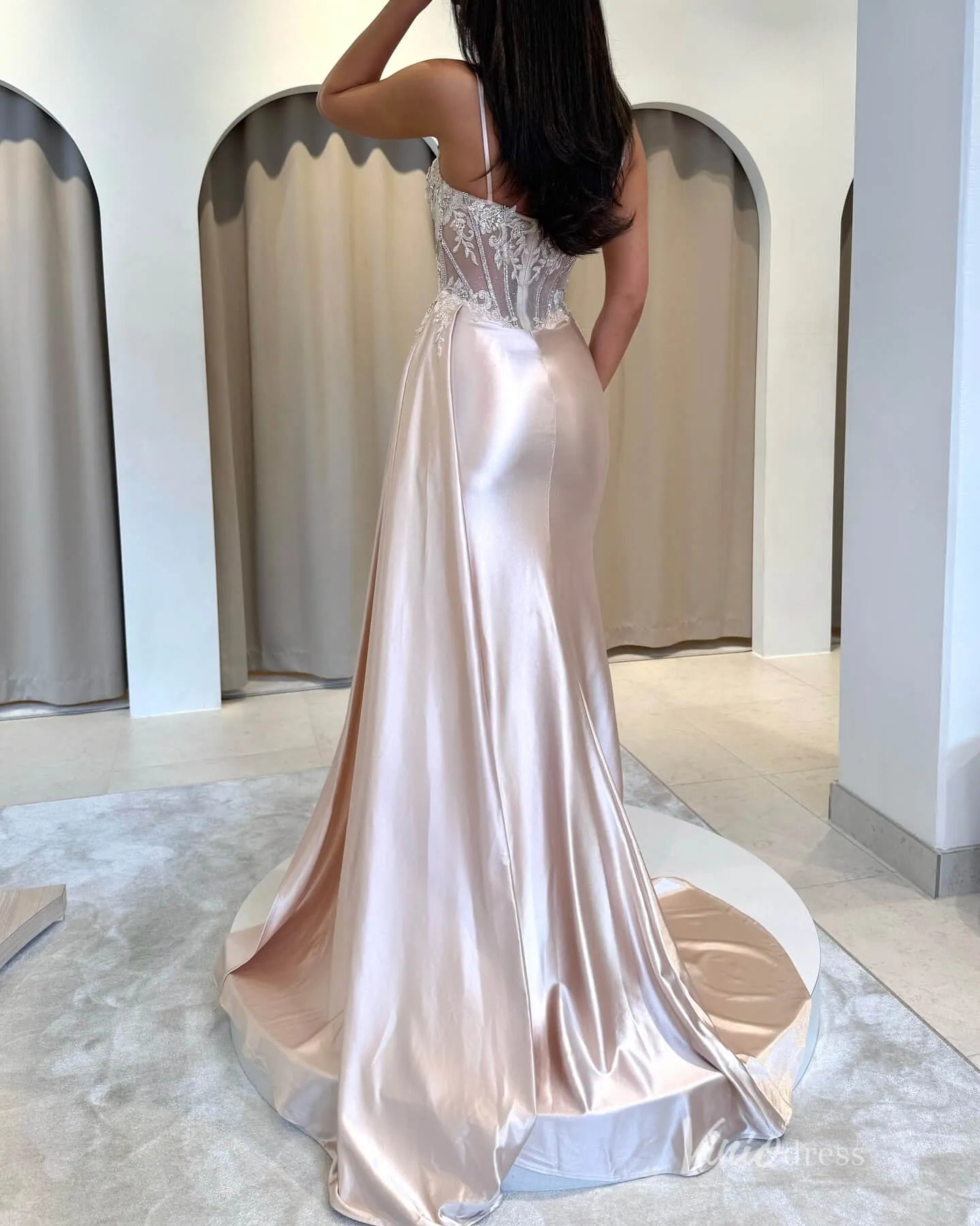 Blush Satin Prom Dress with Beaded Corset Bodice, Overskirt, and High Slit – FD5192-Evening Dresses 2025 -Viniodress-Blush-Custom Size-