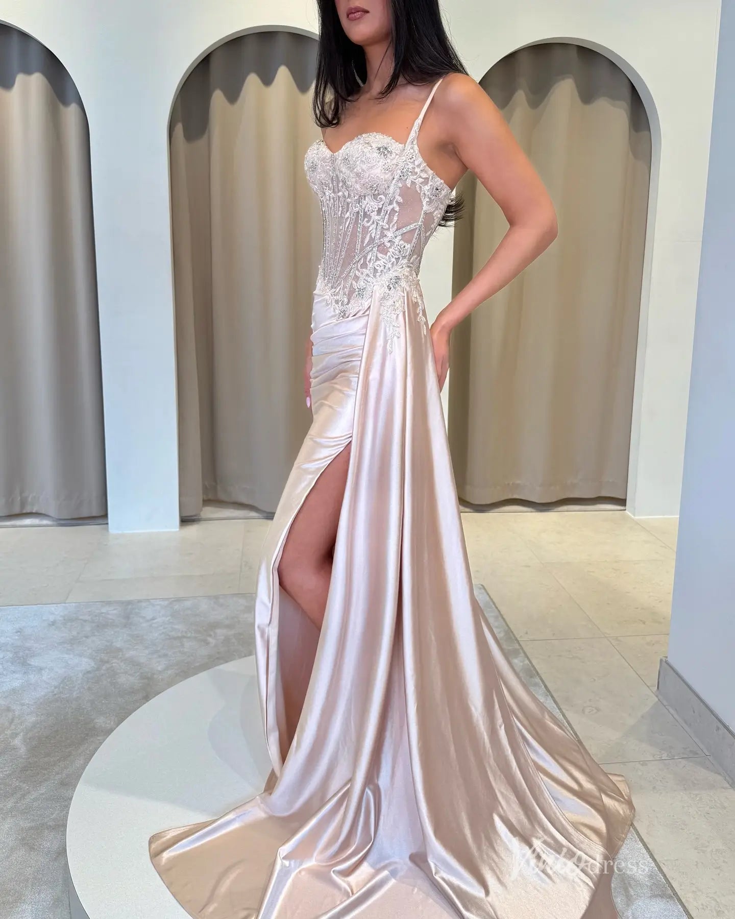 Blush Satin Prom Dress with Beaded Corset Bodice, Overskirt, and High Slit – FD5192-Evening Dresses 2025 -Viniodress-Blush-Custom Size-