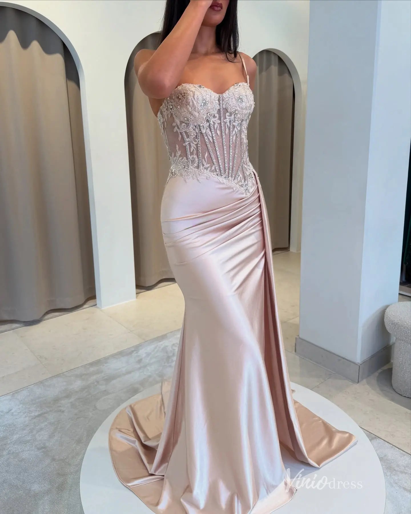 Blush Satin Prom Dress with Beaded Corset Bodice, Overskirt, and High Slit – FD5192-Evening Dresses 2025 -Viniodress-Blush-Custom Size-