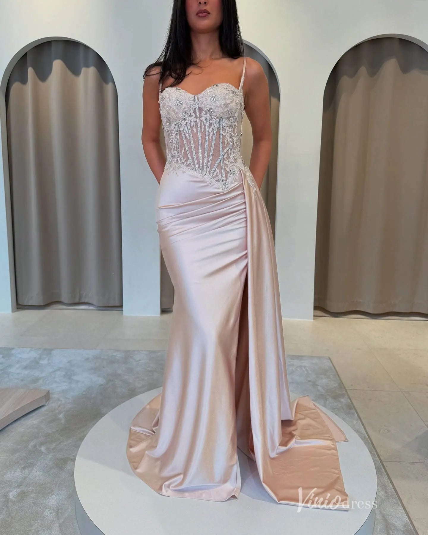Blush Satin Prom Dress with Beaded Corset Bodice, Overskirt, and High Slit – FD5192-Evening Dresses 2025 -Viniodress-Blush-Custom Size-