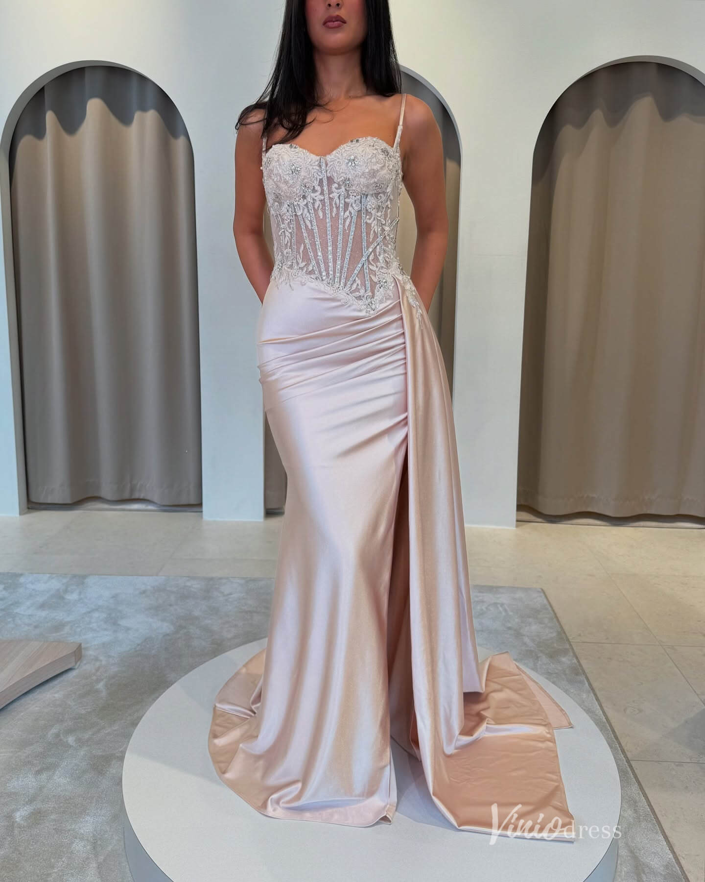 Blush Satin Prom Dress with Beaded Corset Bodice, Overskirt, and High Slit – FD5192-Evening Dresses 2025 -Viniodress-Blush-Custom Size-