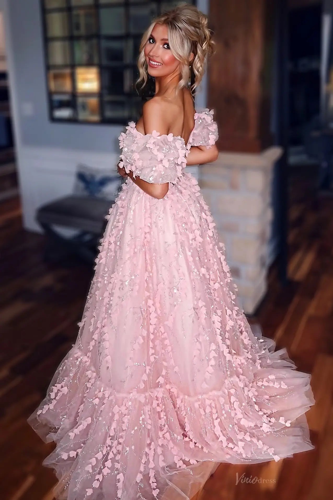 Blush Sparkly 3D Floral Prom Dress with Off-Shoulder Sleeves, Corset Bodice & Tiered Tulle Skirt – AL008-prom dresses 2026-Viniodress-Pink-Custom Size-