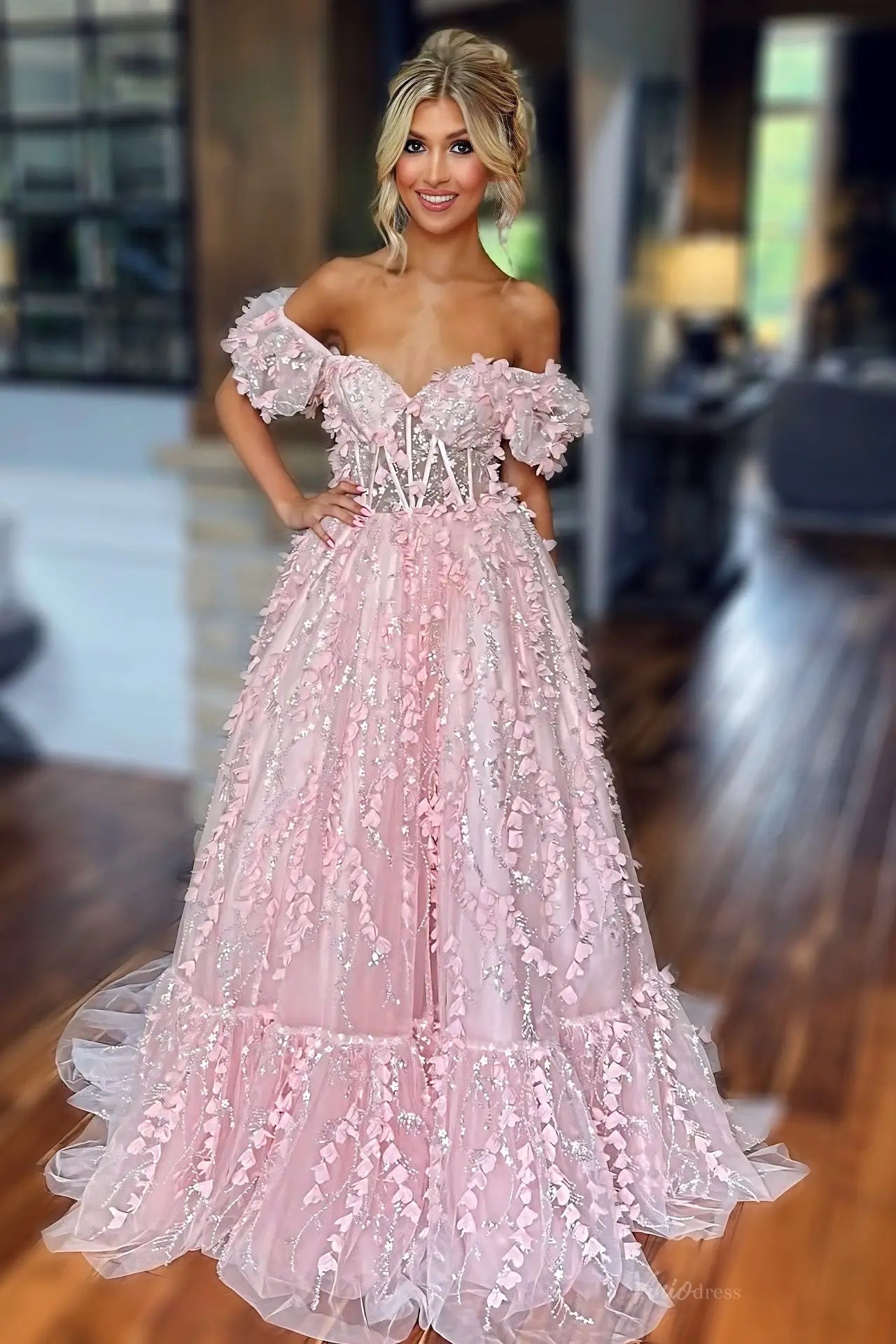 Blush Sparkly 3D Floral Prom Dress with Off-Shoulder Sleeves, Corset Bodice & Tiered Tulle Skirt – AL008-prom dresses 2026-Viniodress-Pink-Custom Size-