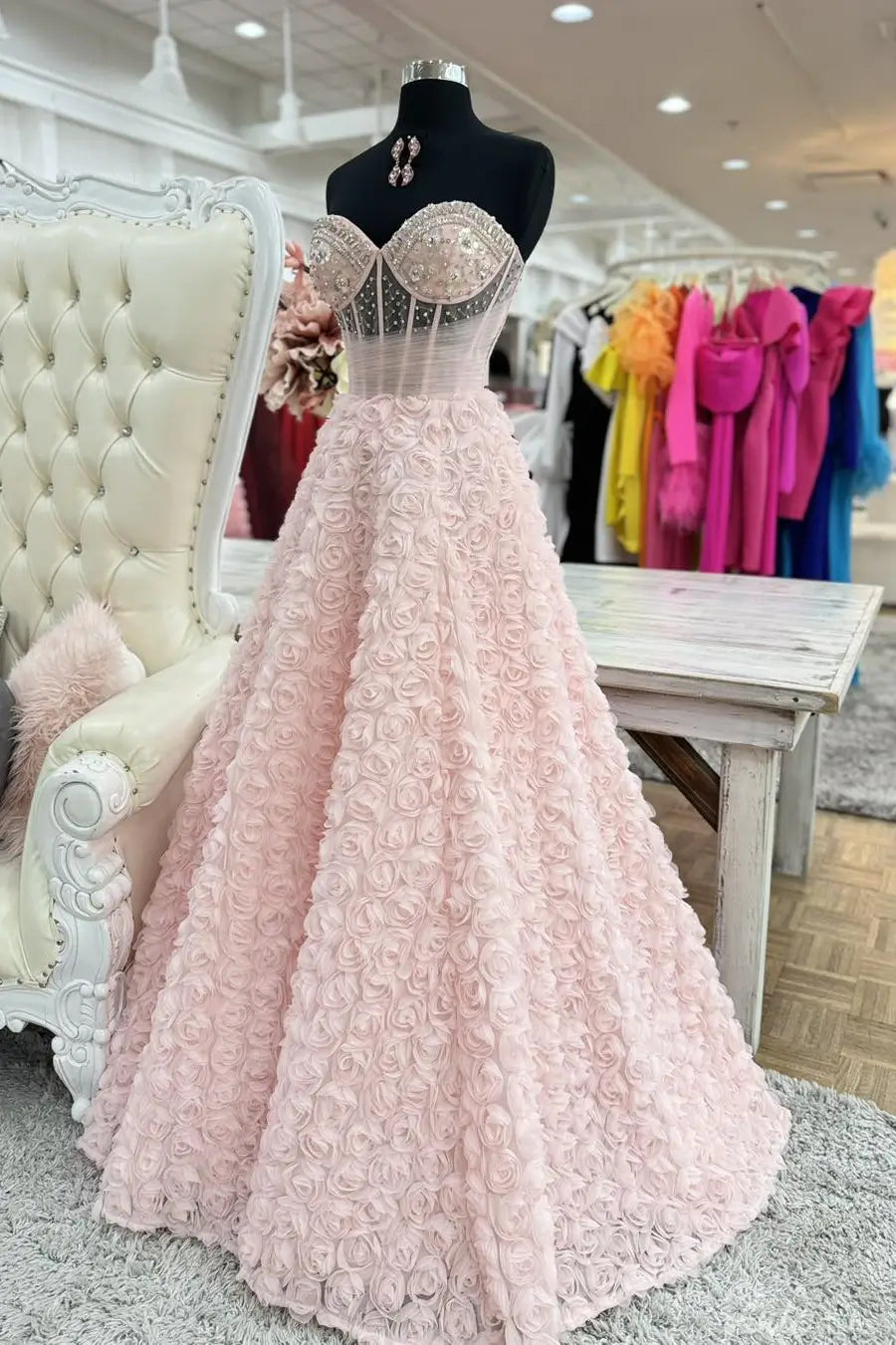 Blush Strapless Ball Gown with Beaded Corset Bodice and 3D Rose Appliqué Skirt – AE1002-prom dresses 2025 -Viniodress-Blush-Custom Size-