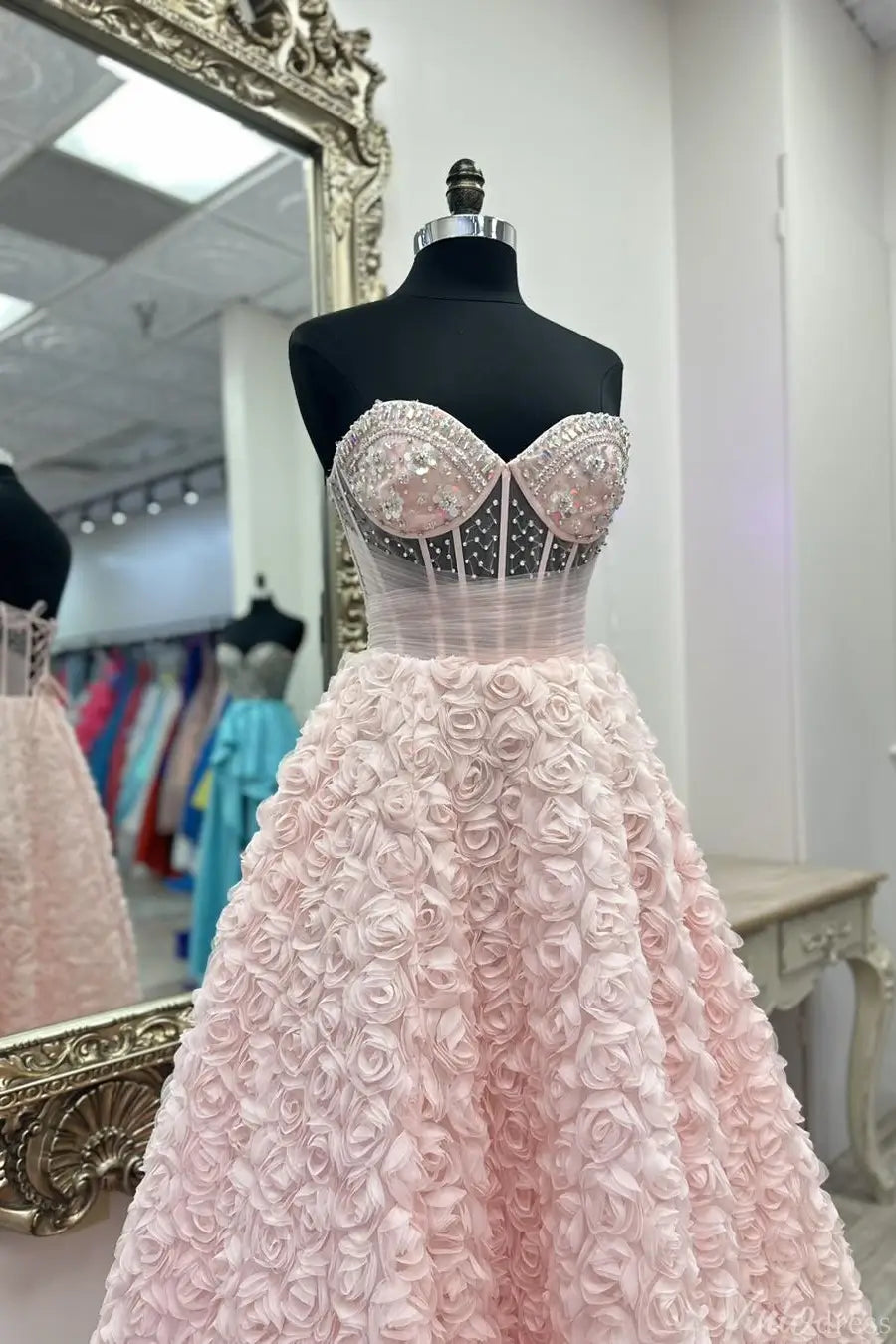 Blush Strapless Ball Gown with Beaded Corset Bodice and 3D Rose Appliqué Skirt – AE1002-prom dresses 2025 -Viniodress-Blush-Custom Size-