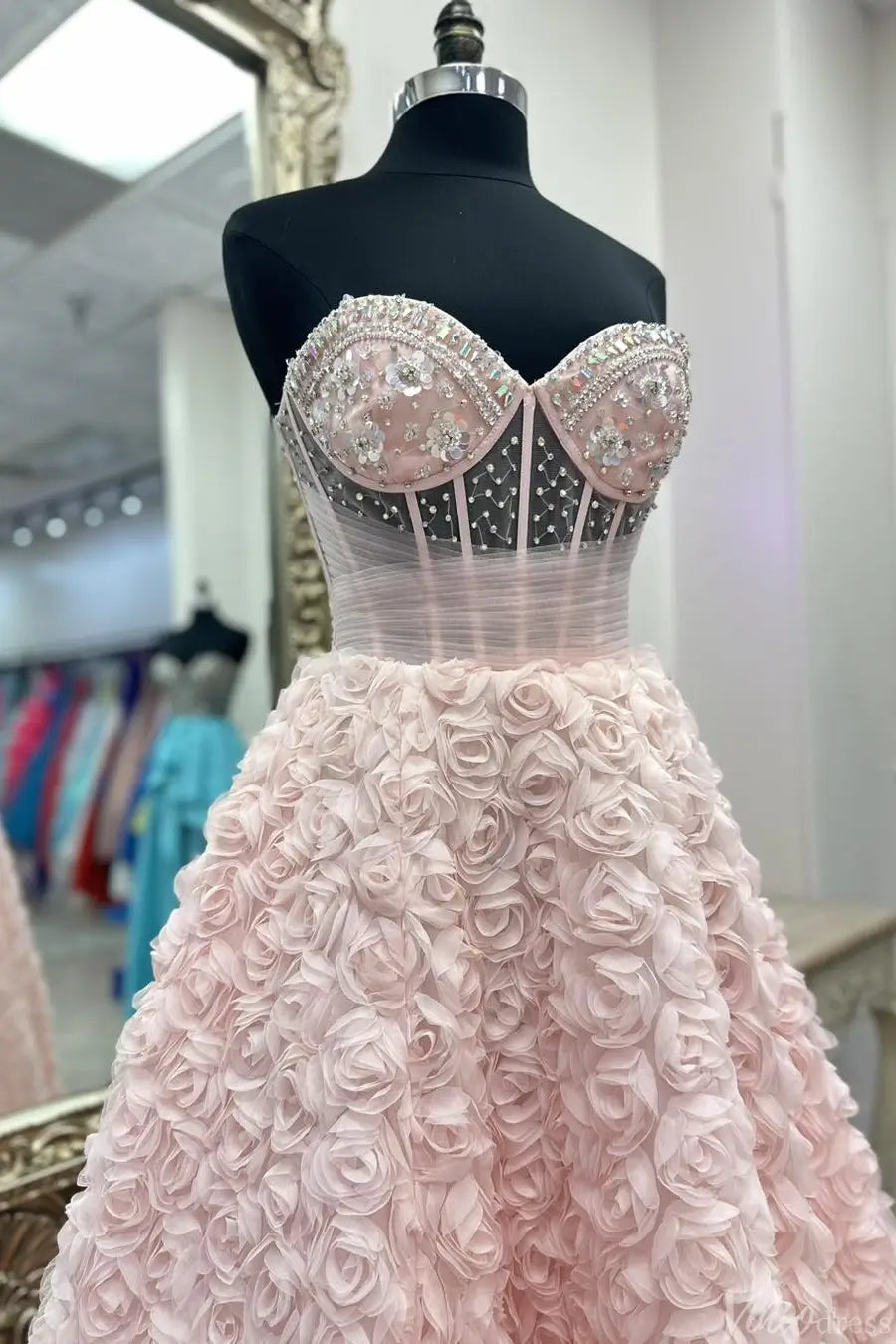 Blush Strapless Ball Gown with Beaded Corset Bodice and 3D Rose Appliqué Skirt – AE1002-prom dresses 2025 -Viniodress-Blush-Custom Size-