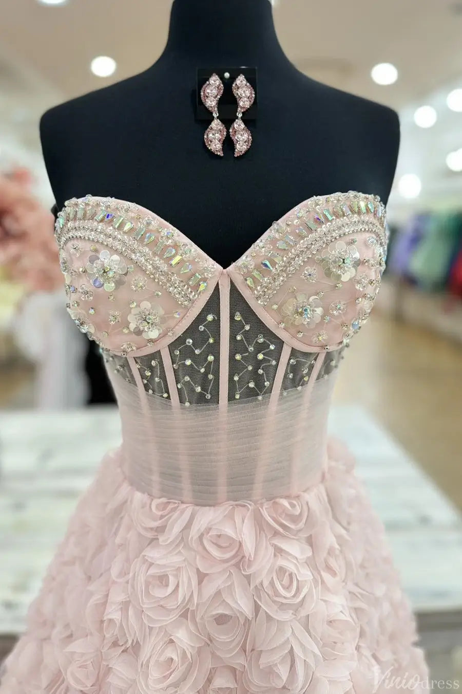 Blush Strapless Ball Gown with Beaded Corset Bodice and 3D Rose Appliqué Skirt – AE1002-prom dresses 2025 -Viniodress-Blush-Custom Size-
