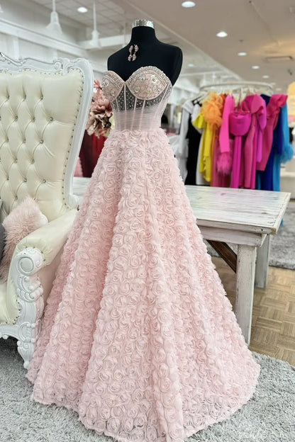 Blush Strapless Ball Gown with Beaded Corset Bodice and 3D Rose Appliqué Skirt – AE1002-prom dresses 2025 -Viniodress-Blush-Custom Size-