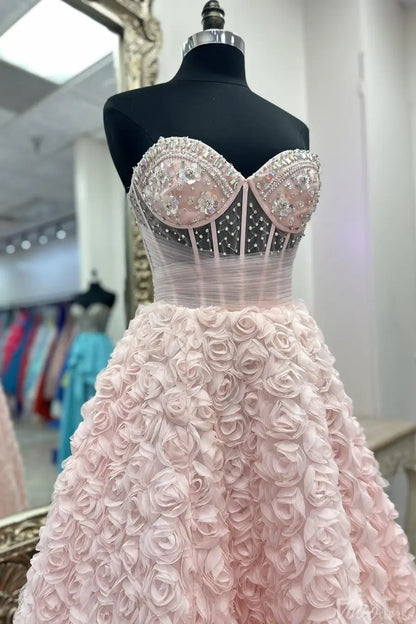 Blush Strapless Ball Gown with Beaded Corset Bodice and 3D Rose Appliqué Skirt – AE1002-prom dresses 2025 -Viniodress-Blush-Custom Size-
