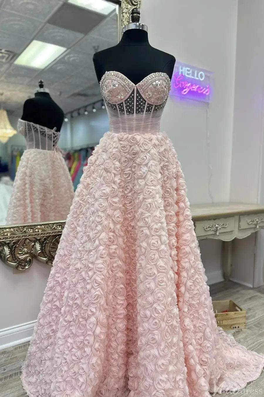 Blush Strapless Ball Gown with Beaded Corset Bodice and 3D Rose Appliqué Skirt – AE1002-prom dresses 2025 -Viniodress-Blush-Custom Size-