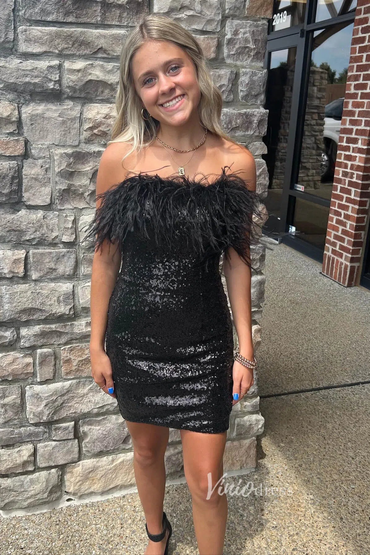 Bodycon Sequin Homecoming Dresses Off Shoulder Feather Cocktail Dress SD1514-homecoming dresses-Viniodress-Black-Custom Size-Viniodress