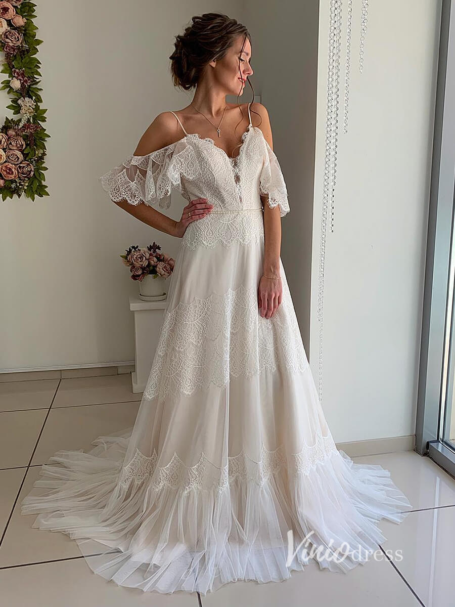 Bohemian A-Line Lacy Tulle Beach Wedding Dress Spaghetti Strap Backless Gown VW1070B-wedding dresses 2025 -Viniodress-Beige-Custom Size-