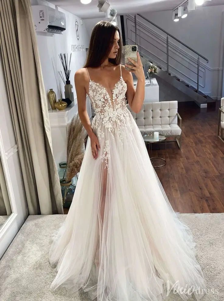 Bohemian Lace A-Line Wedding Dress with Deep V Neck and Tulle Skirt – VW2551-wedding dresses 2025 -Viniodress-Ivory-Custom Size-